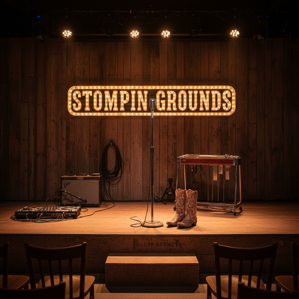 A richly detailed photographic realism image of an empty Nashville honky-tonk stage, featuring a rustic wooden backdrop with a large illuminated "Stompin Grounds" sign in vintage marquee bulbs. At center stage, a gleaming mic stand, steel guitar on its stand, and a pair of custom Bluff Agency western boots rest on a slightly raised, scuffed platform. Coiled cables, an amp with subtle wear, and a DJ controller sit neatly arranged to one side, hinting at both live band and DJ/MC capabilities. Overhead stage lights cast focused, warm spotlights that create crisp highlights on chrome hardware and soft shadows behind the instruments. Shot from a slightly elevated, wide-angle perspective, the composition captures the full stage with rows of empty wooden chairs in soft focus. The mood is expectant, lively, and professional, evoking a premier Nashville entertainment experience.
