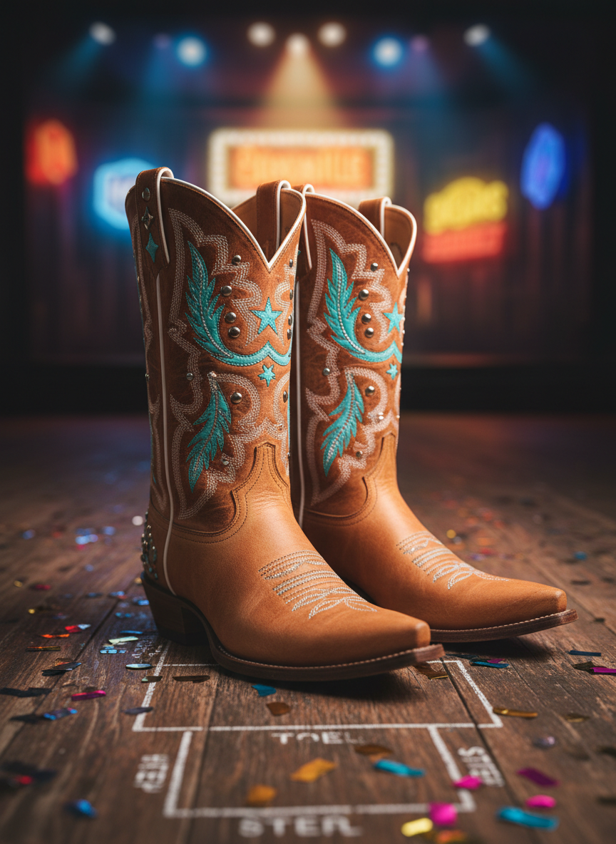 A photographic realism close-up of a pair of custom Bluff Agency western stagewear cowboy boots resting on a small section of honky-tonk dance floor. The boots feature intricate white stitching on distressed caramel-brown leather, with turquoise inlays and subtle metallic accents that catch the light. Around the boots, a scattering of stage confetti and a faint chalk outline of line dance steps add playful context. Soft, warm spotlighting from above creates a delicate rim light along the boot shafts and toe caps, while the background fades into a dreamy, colorful bokeh of stage lights and neon. Shot from a low angle with shallow depth of field, the composition centers the boots with a slight diagonal tilt, evoking confidence, flair, and Nashville showmanship without showing any people.