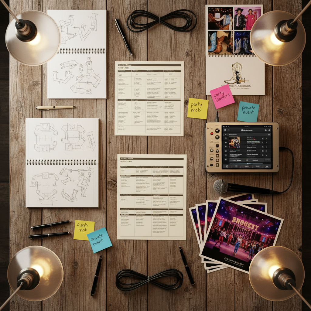 A dynamic, photographic realism overhead shot of a meticulously arranged event planning table for a Nashville line dancing party, with no people present. On a broad reclaimed wood tabletop sit open notebooks with handwritten choreography diagrams, printed event timelines, and colorful post-it notes labeled "flash mob," "party starters," and "private event." A tablet screen displays a digital playlist beside a small sound mixer and wireless mic, while a stack of glossy brochures showcases honky-tonk imagery and western stagewear. Warm pendant lights above create pools of golden light, casting gentle, elongated shadows from pens, paper edges, and cables. The composition uses a flat-lay style, carefully balancing items across the frame. The mood is organized yet playful and creative, communicating the full-service entertainment offerings of Stompin Grounds Entertainment Nashville.
